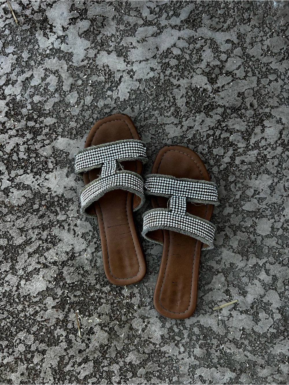 Crystal-Embellished Brown Slide Sandals - Women